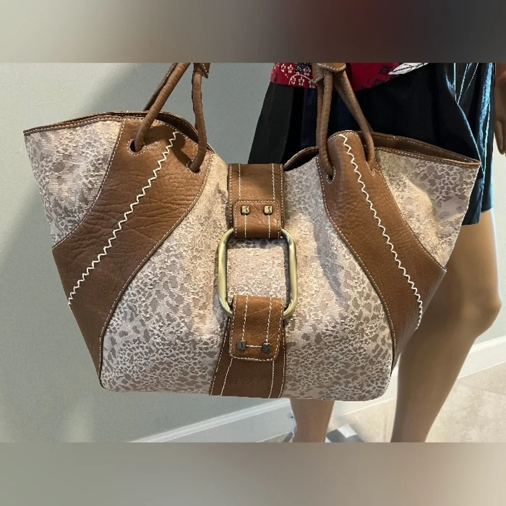 Rare SKAP Handbag with Camel Brown Leather & Tan Animal Print Fabric NWOT